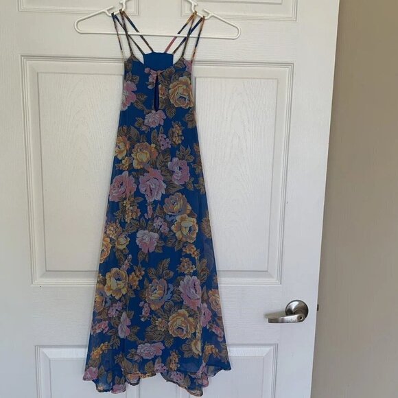 Altar’d State Dress Women’s Medium Blue Spaghetti Strap Floral Sheer Keyhole - Picture 1 of 12